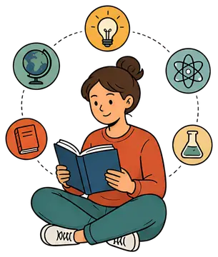 Person Reading Surrounded by Knowledge Icons