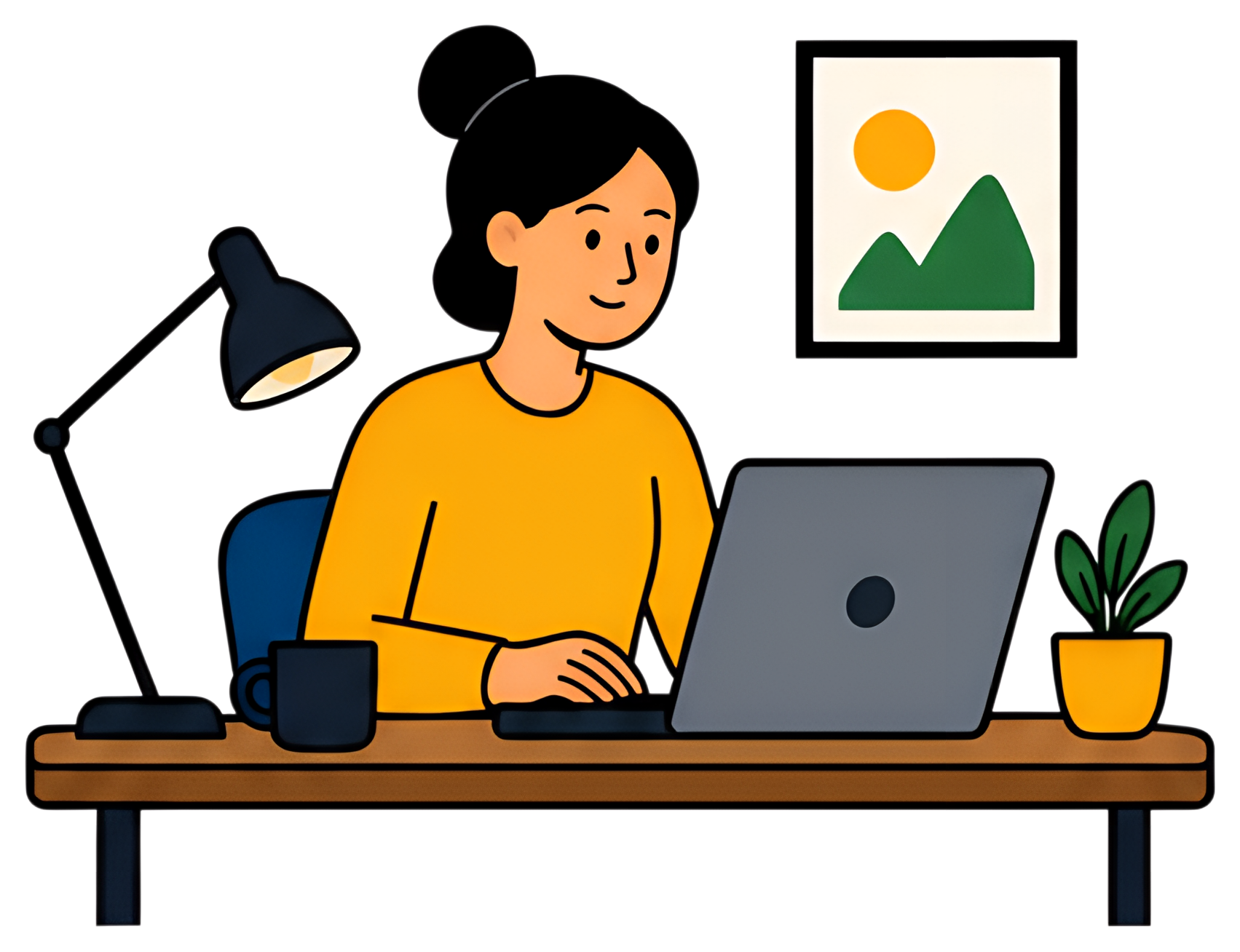 A person with dark hair and a yellow shirt sits at a wooden desk, working on a laptop. The workspace includes a lamp, a coffee cup, and a small green plant, with a framed picture of mountains and asun
