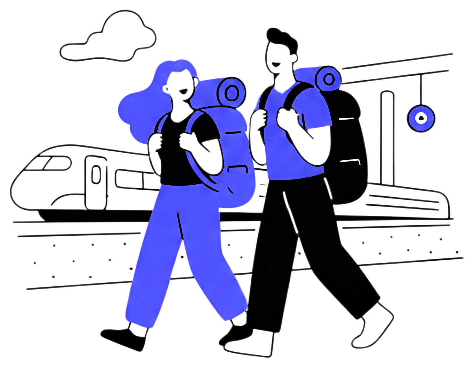 A lively scene featuring two friends wearing oversized backpacks, joyfully walking through a sunlit train station platform. The background includes a train and clouds, enhancing the cheerful ambiance.