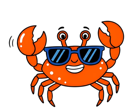A cheerful orange crab sports blue sunglasses and a wide smile, showcasing playful features like a cracked claw. The crab's vibrant color stands out against a plain black background, emphasizing its j