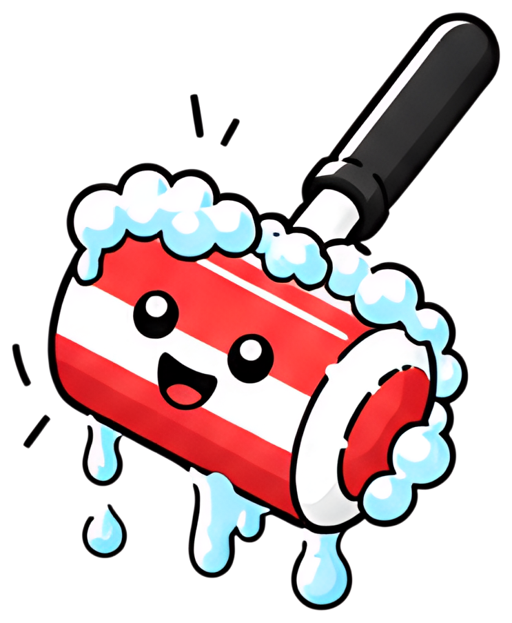 A cheerful red and white striped foam brush features a happy face and is dripping with blue suds. The brush has a sleek black handle, adding contrast to the playful design.