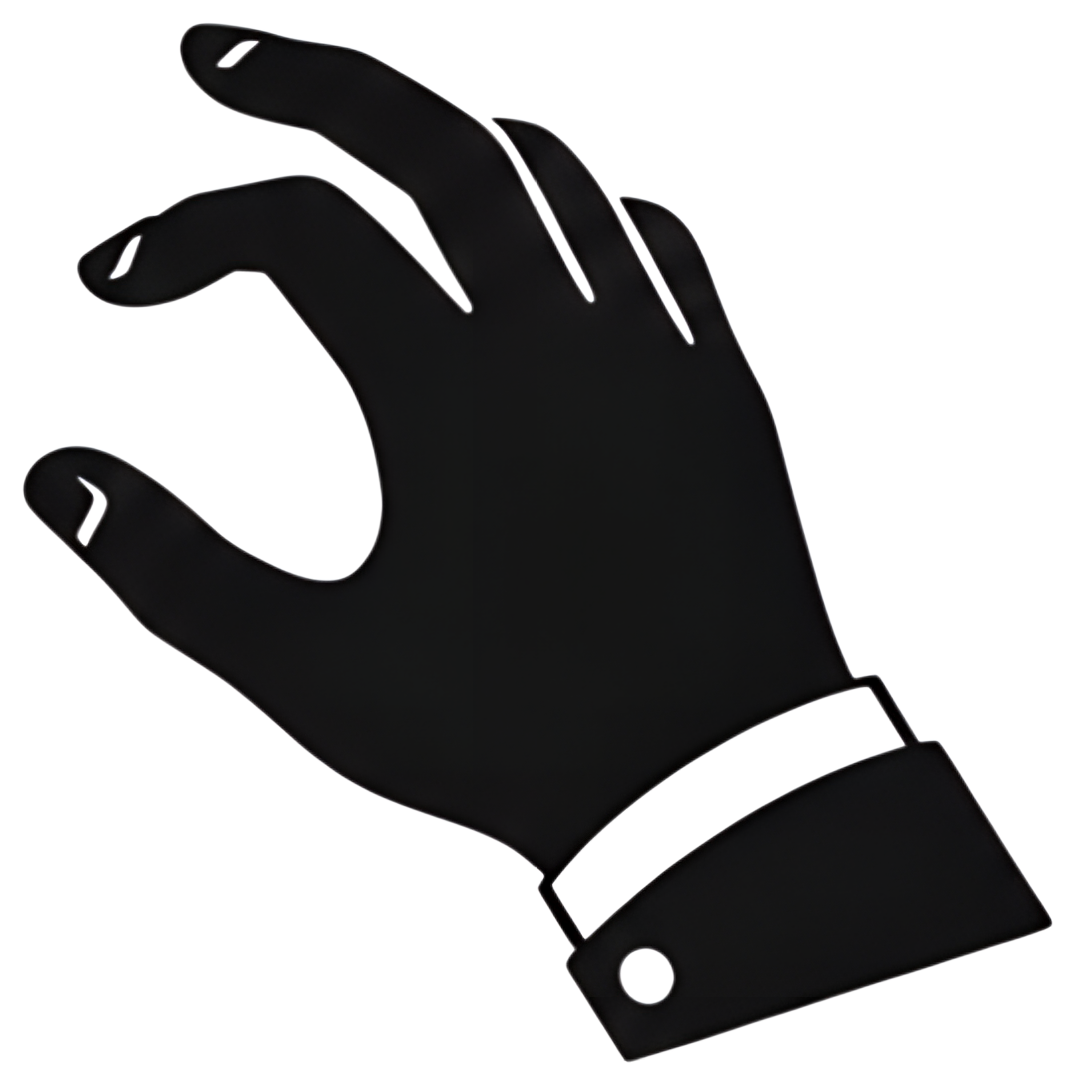 A stylized black hand with fingers spread in a graceful playing gesture, featuring minimalistic details and a contrasting white outline on a transparent background. The hand's position suggests an act