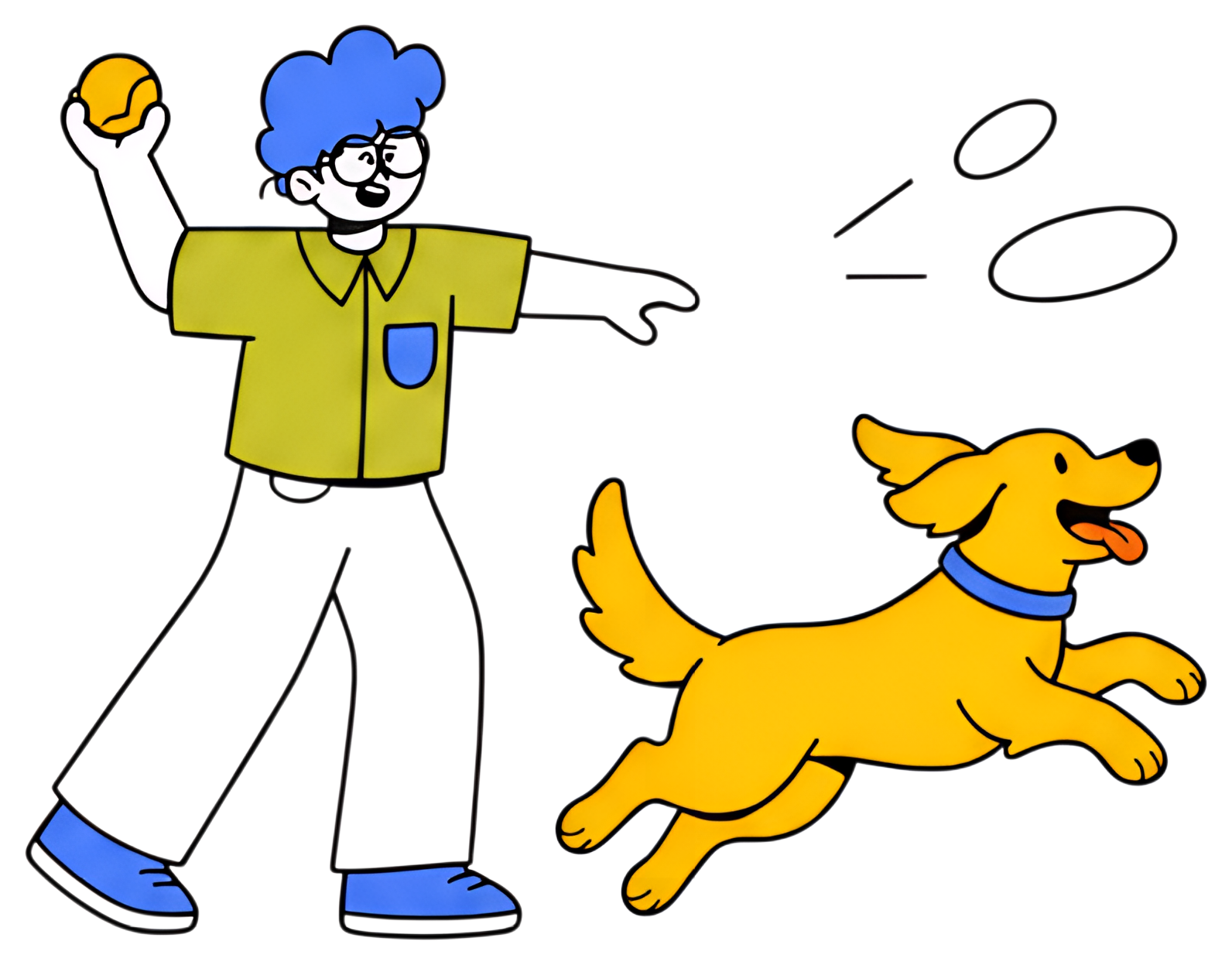 A person with blue hair and glasses wearing a green shirt throws a yellow ball while a large, energetic golden retriever dog runs joyfully with its tongue out. The scene captures a playful moment, set