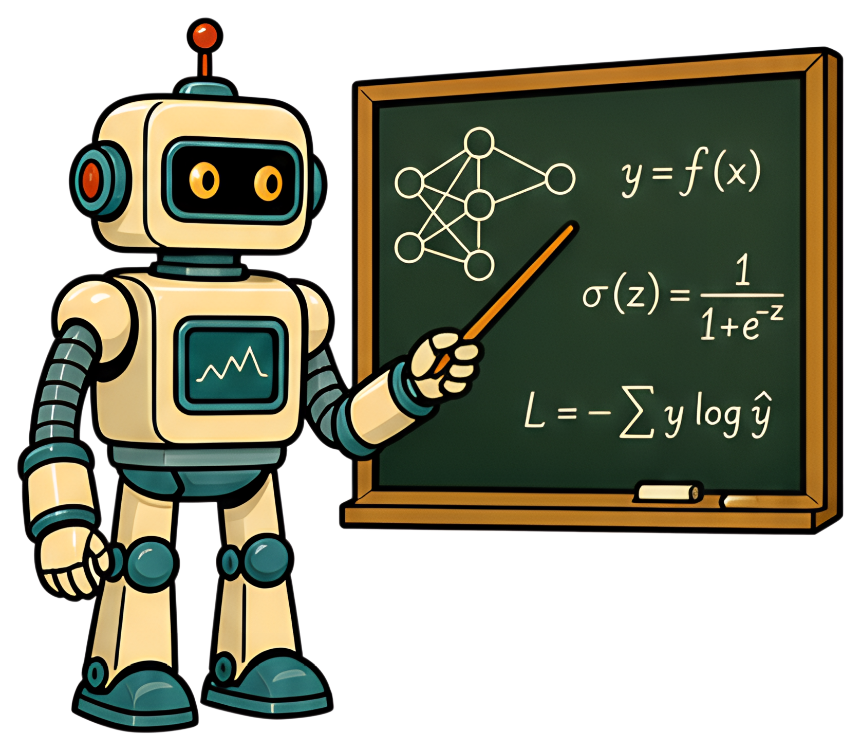 A charming retro-style robot teacher stands beside a chalkboard, pointing at AI equations including neural network representations. The robot features a rounded body with teal and brown accents, and a