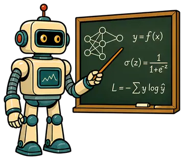 Retro robot teacher at chalkboard with AI equations