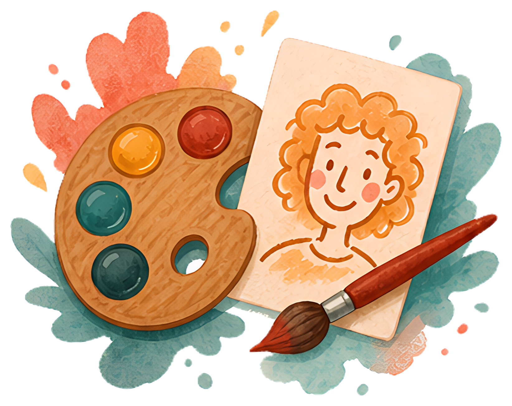 A vibrant palette featuring bright colors and a paintbrush is positioned next to a smiling self-portrait. The composition includes playful splashes of color in the background, enhancing the cheerful,创