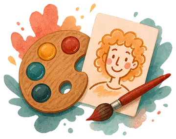 A vibrant palette featuring bright colors and a paintbrush is positioned next to a smiling self-portrait. The composition includes playful splashes of color in the background, enhancing the cheerful,创