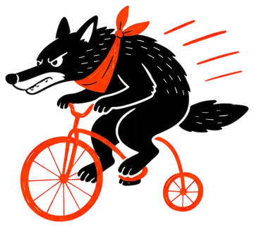 A black wolf wearing a red bandana is aggressively pedaling a racing bicycle, showcasing a competitive expression. The design is bold and cartoon-like, with dynamic motion lines indicating high speed.