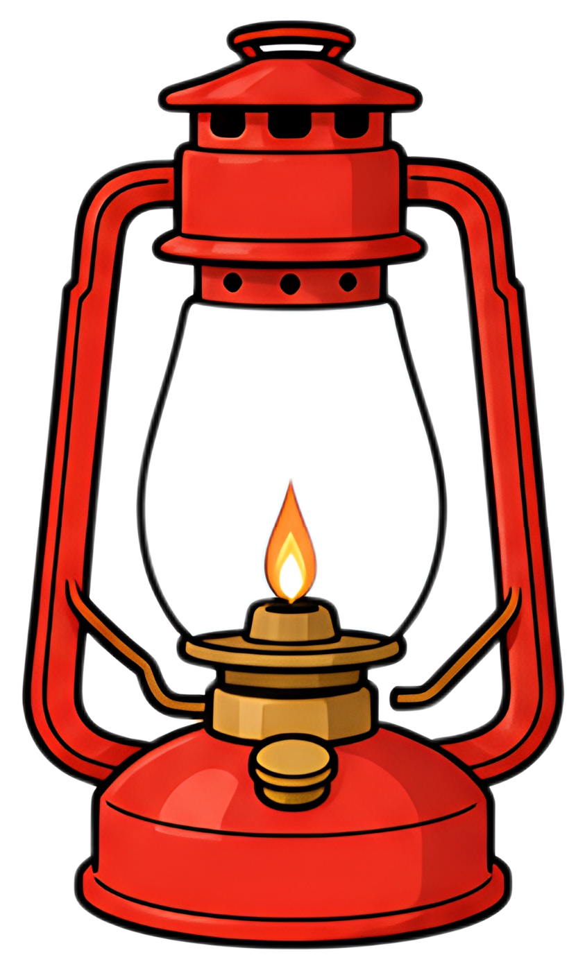 A vintage-style kerosene lantern features a bright red body, transparent glass shade, and a flickering orange flame. The intricate details include a metal cap and a decorative base, embodying a retro,