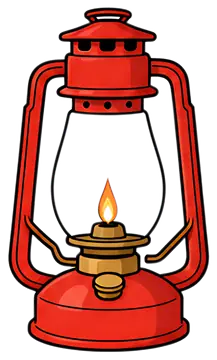 A vintage-style kerosene lantern features a bright red body, transparent glass shade, and a flickering orange flame. The intricate details include a metal cap and a decorative base, embodying a retro,