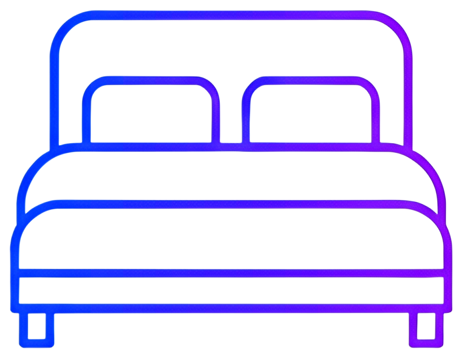 A minimalistic icon of a hotel bed featuring two pillows and a frame. The design utilizes blue and purple gradient outlines, set against a black background, emphasizing a modern and clean aesthetic.