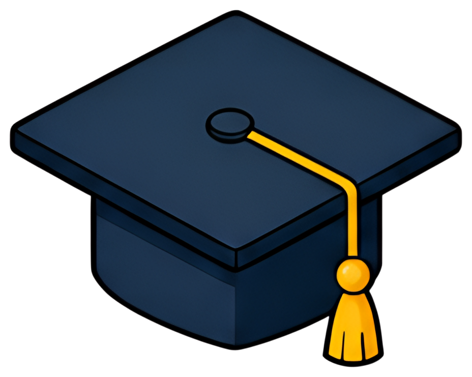 A graduation cap featuring a solid black top and a bright yellow tassel. The design is simple and clean, suitable for representing academic achievement.