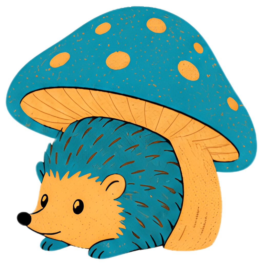 A cheerful hedgehog peeks out from beneath a large blue mushroom adorned with yellow spots. The hedgehog features a vibrant blue and yellow color palette, showcasing a playful and whimsical style.