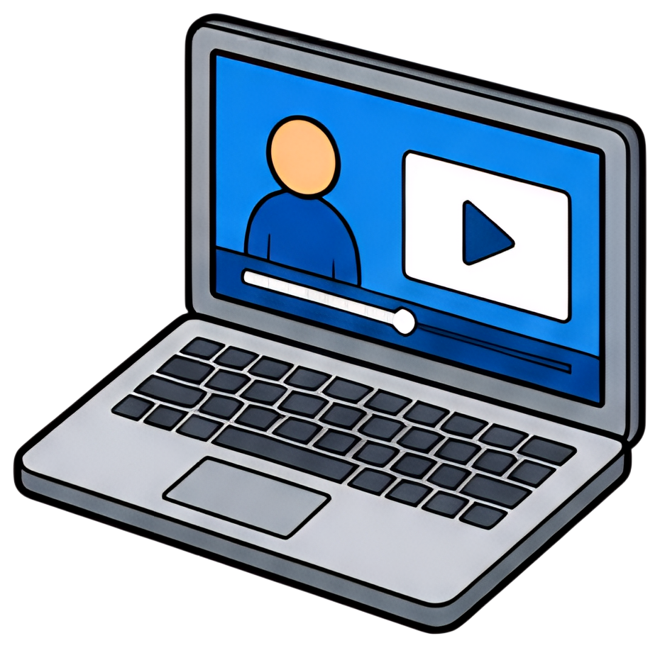 A laptop with an open screen showing an online course video player interface. The screen features a blue background with a figure in front of a play button and a video progress bar beneath. The laptop