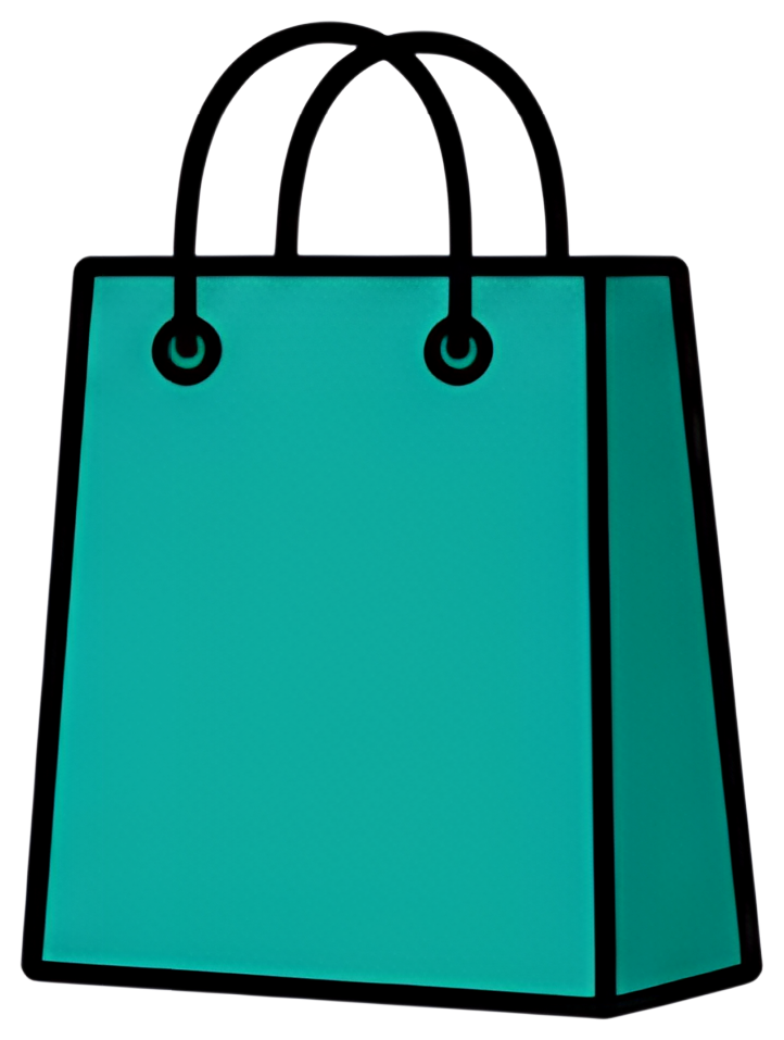 A modern shopping bag in a vibrant teal color with black outlines and handles. The bag has a simple and clean design, emphasizing its color and shape.