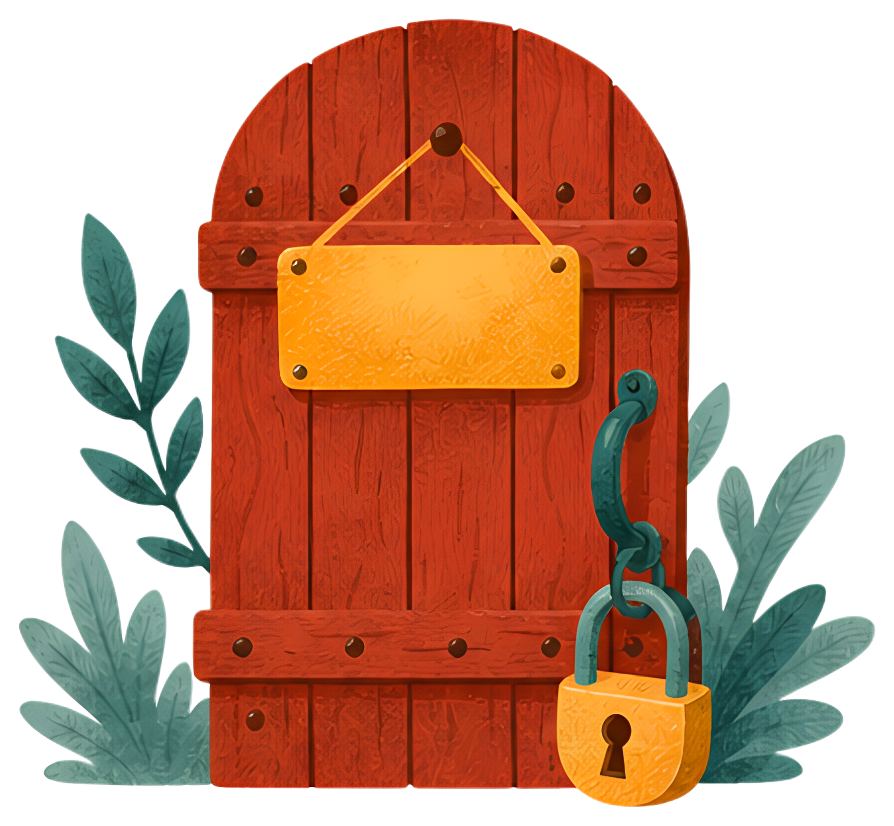 A detailed wooden door painted in a rich red hue features a locked padlock and a golden sign stating 'Only for Artists'. Surrounding the door, green leaves add a natural touch to the composition.