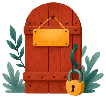 Closed wooden door with lock and sign