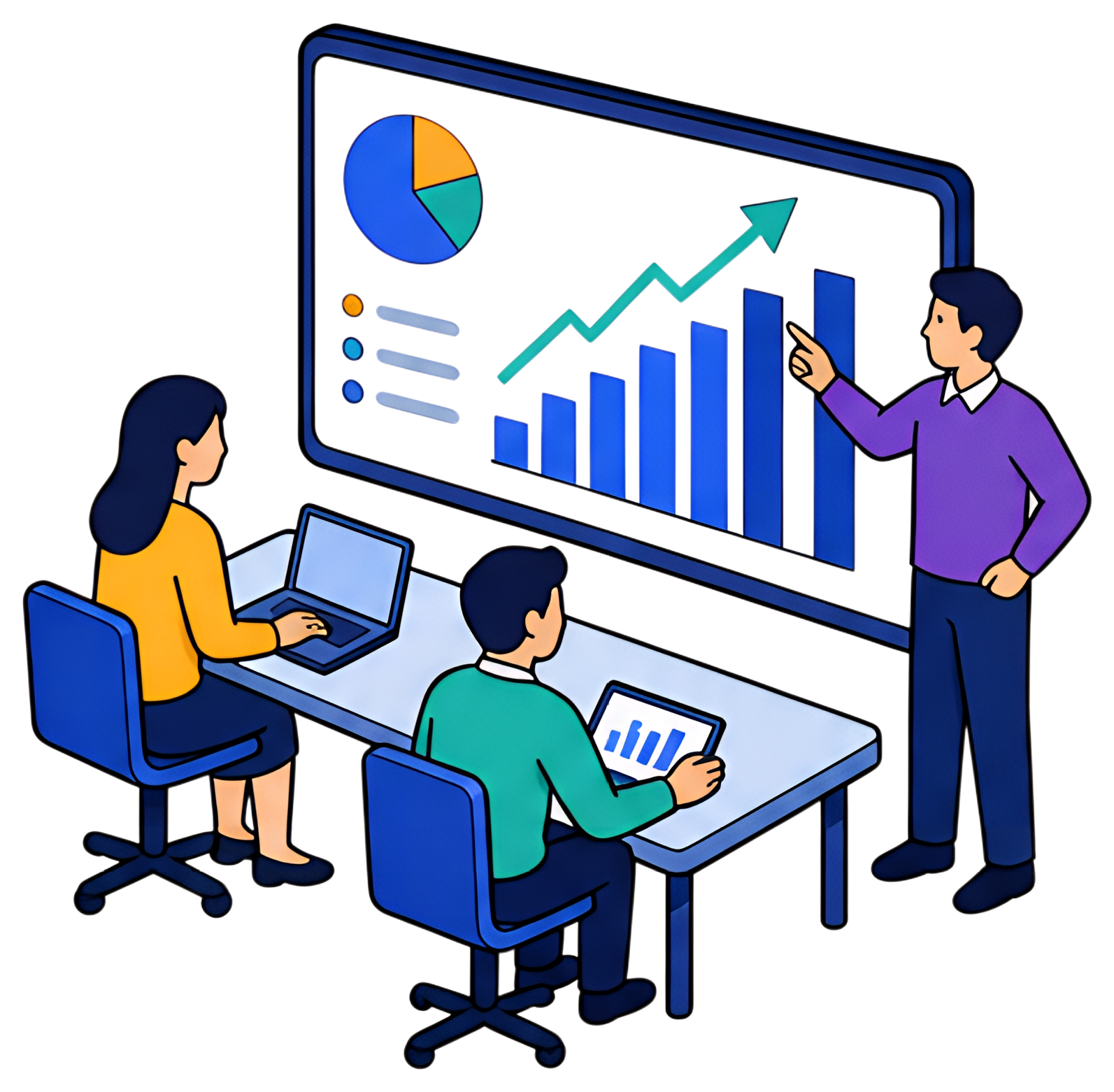 A team of three individuals reviews growth graphs displayed on a large screen. One person points to an increasing bar graph while the others engage with their laptops and tablets, highlighting a data-