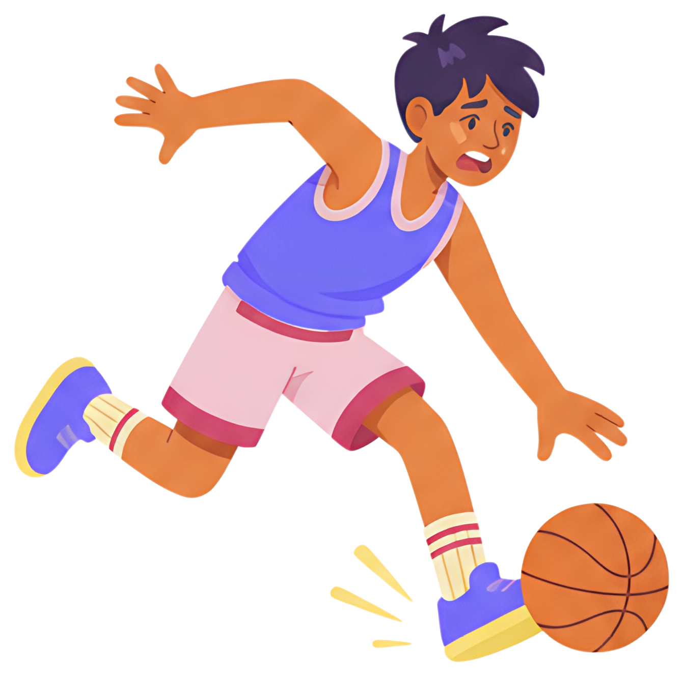 A young person in a blue tank top and pink shorts appears to trip over a basketball while attempting to dribble. The character's expression shows surprise, and dynamic action lines suggest motion and,