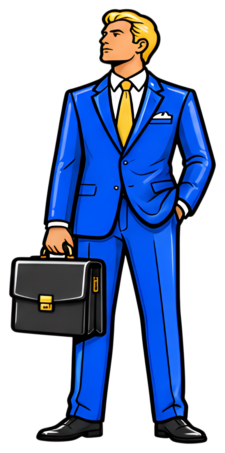 A confident lawyer stands with a black briefcase in hand, dressed in a tailored blue suit and a bright yellow tie. The character's stylish appearance and poised stance exude professionalism and self-信