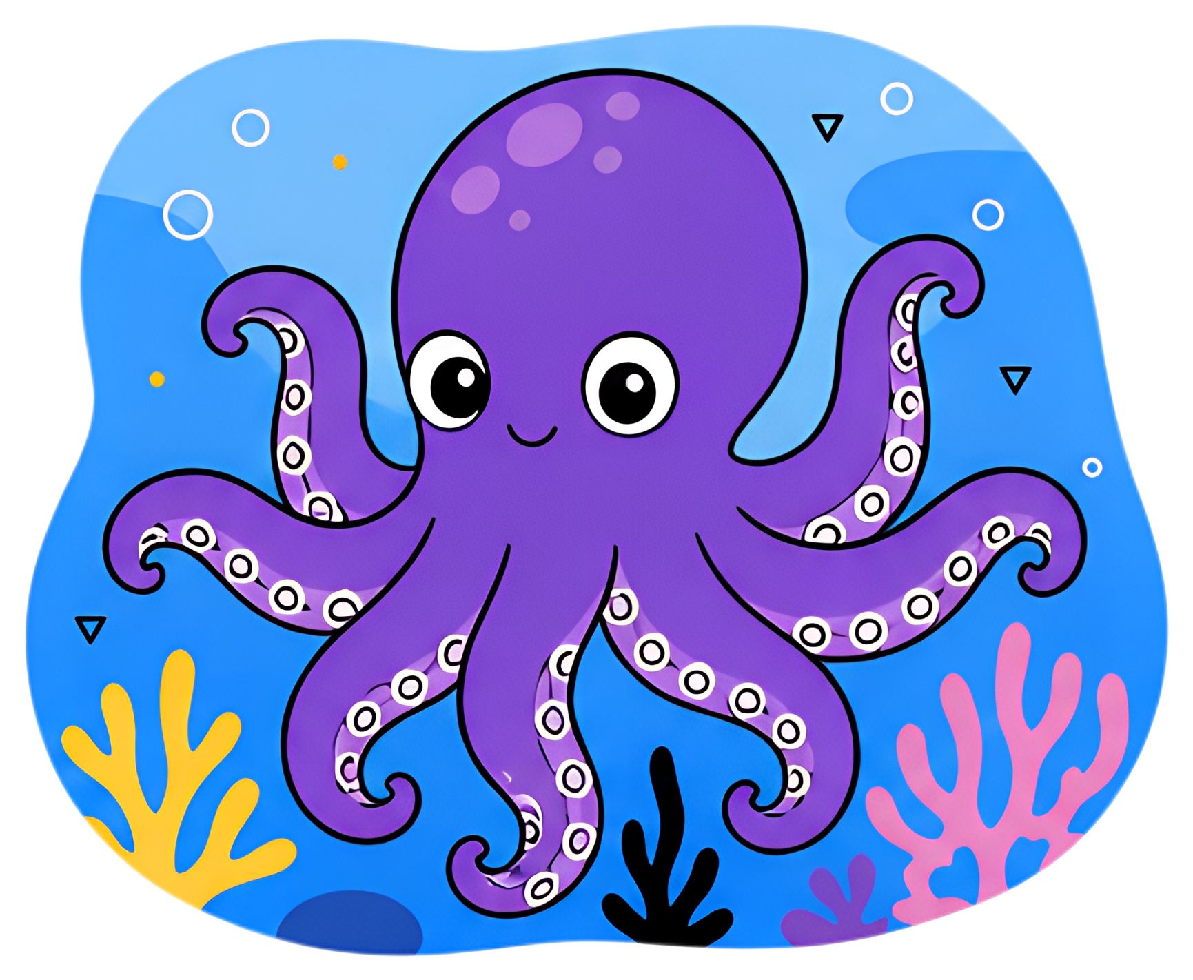 A cheerful purple octopus with large eyes and waving tentacles swims playfully among colorful corals. The background features vibrant blue waters with hints of yellow and pink coral formations, adding