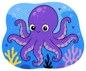 A cheerful purple octopus with large eyes and waving tentacles swims playfully among colorful corals. The background features vibrant blue waters with hints of yellow and pink coral formations, adding