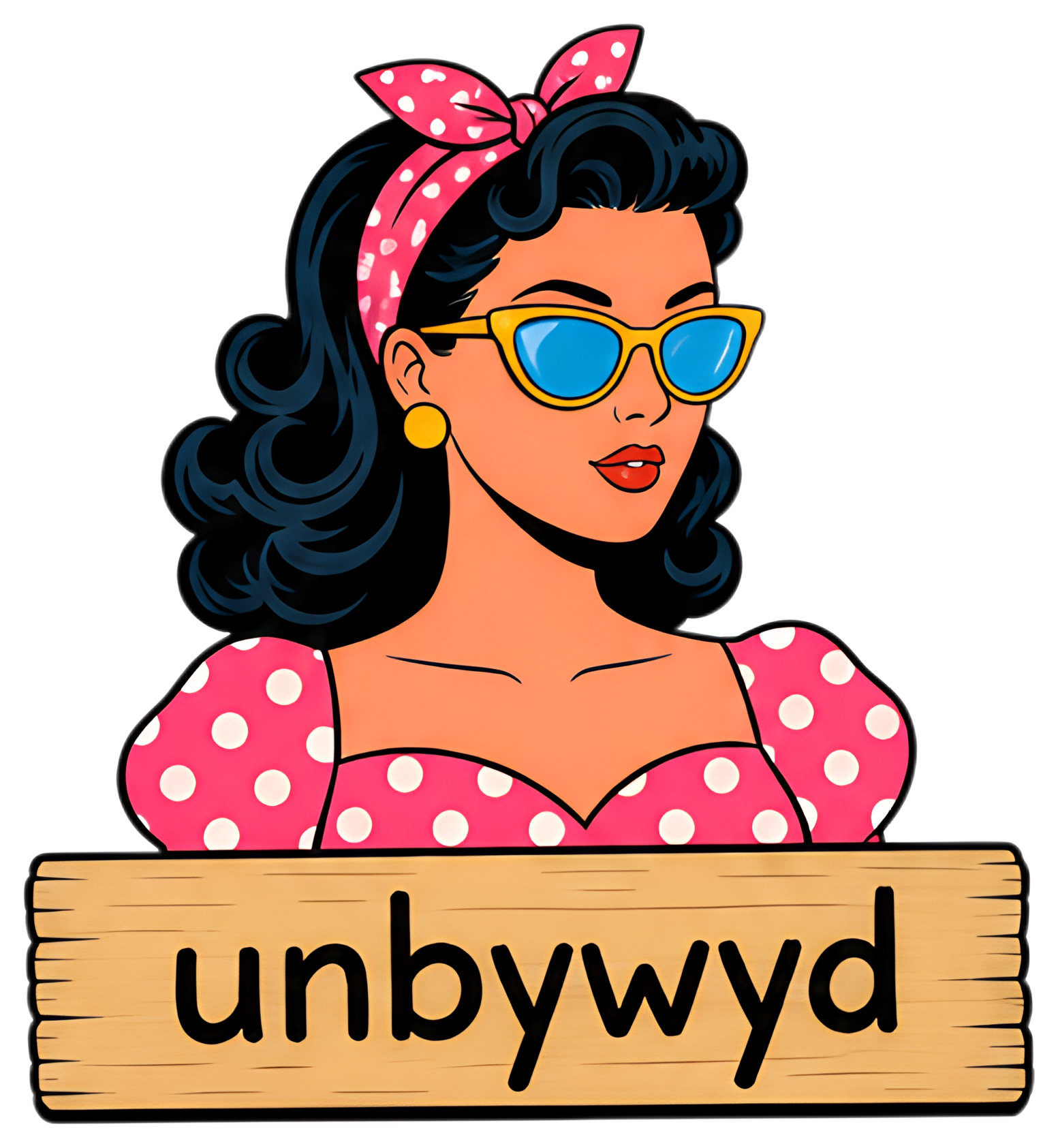 A stylish woman with dark, curly hair and sunglasses confidently presents a wooden sign reading 'unbywyd,' which disrupts the lower part of the image. She wears a vibrant pink polka-dot dress and a da