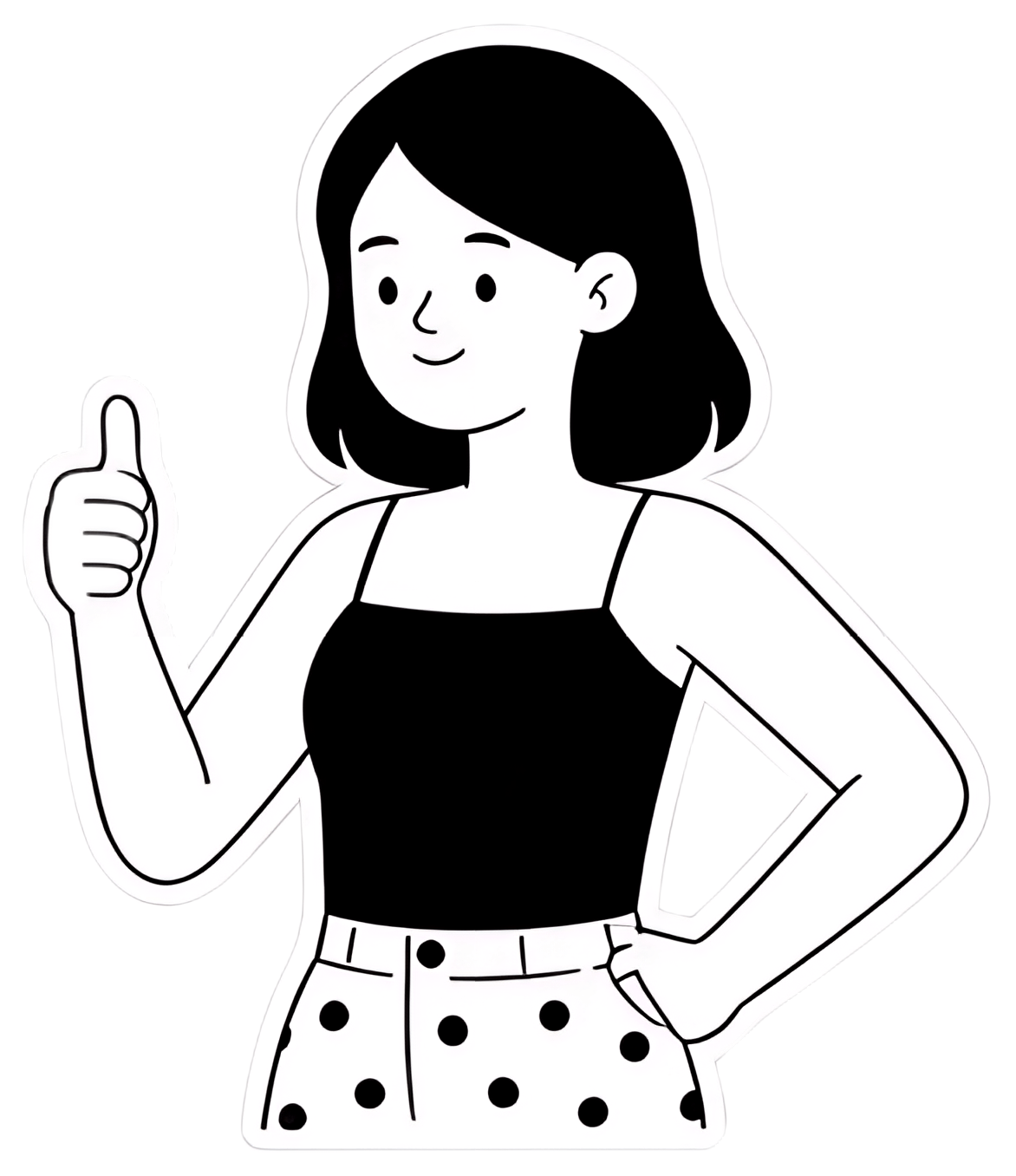 A flat vector illustration of a character with short hair, wearing a black top and polka dot shorts, giving a thumbs-up gesture. The character is outlined in clean white, set against a transparent bg.