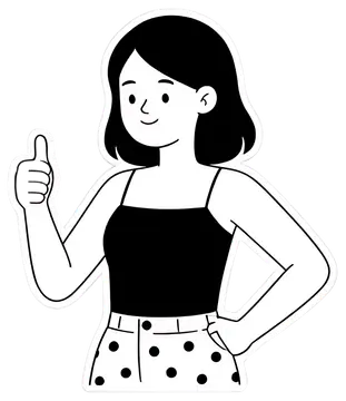 A flat vector illustration of a character with short hair, wearing a black top and polka dot shorts, giving a thumbs-up gesture. The character is outlined in clean white, set against a transparent bg.