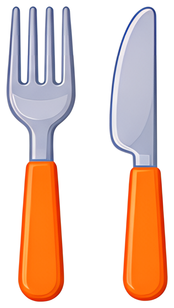 A fork and a knife displayed side by side, featuring shiny silver metal blades and prongs. The handles are bright orange, adding a playful touch to the design. The utensils are depicted in a clean, 3D