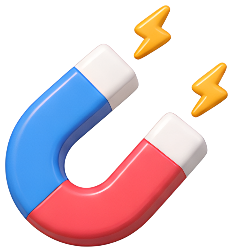 A vibrant U-shaped magnet displayed in red and blue colors, with white ends. Two yellow lightning bolts are illustrated above it, suggesting energy or attraction.