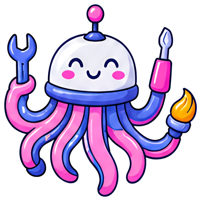 A cheerful robot octopus with pink tentacles, each equipped with a different tool: a wrench, a screwdriver, and a paintbrush. The octopus has a round, smiling face and a shiny white body with blue and