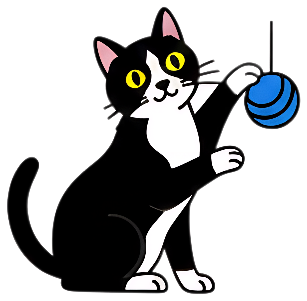 A black and white tuxedo cat is playfully reaching for a blue toy dangling in front of it. The cat features bright yellow eyes and a cute expression, with distinct black and white fur markings.