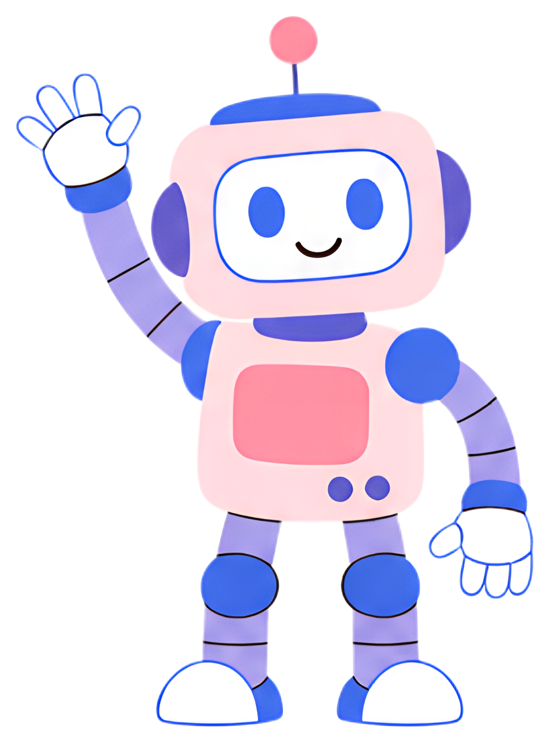 A cheerful cartoon robot with a pink body and blue accents waves its hand. Its friendly face features large eyes and a smile, complemented by a round antenna on top, creating a whimsical and inviting.