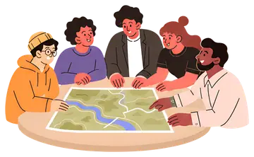 Group of friends analyzing map