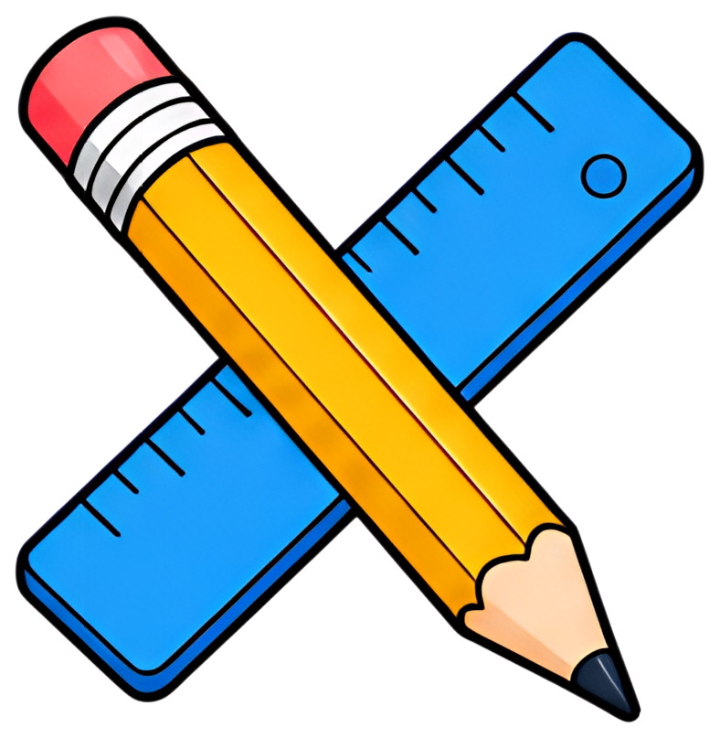 A vibrant illustration featuring a yellow pencil crossed with a blue ruler, showcasing detailed markings on the ruler. The pencil has a pink eraser at the top and a pointed black tip, creating a bold,