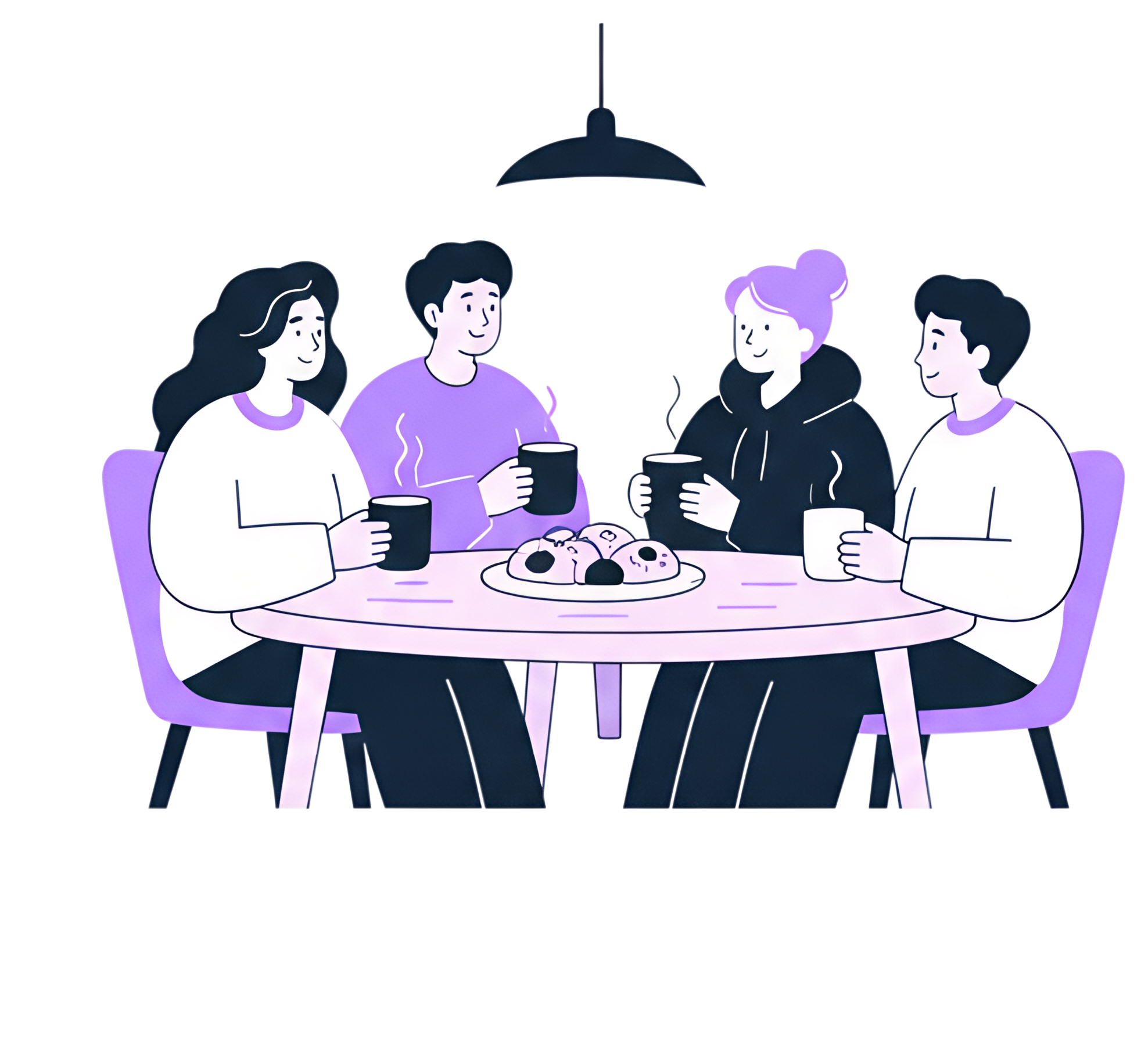 A cozy group of friends gathered around a wooden table, holding steaming mugs of tea. Soft lamplight creates a warm atmosphere, casting gentle shadows, while a plate of pastries sits in the center of