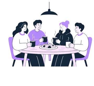 A cozy group of friends gathered around a wooden table, holding steaming mugs of tea. Soft lamplight creates a warm atmosphere, casting gentle shadows, while a plate of pastries sits in the center of 