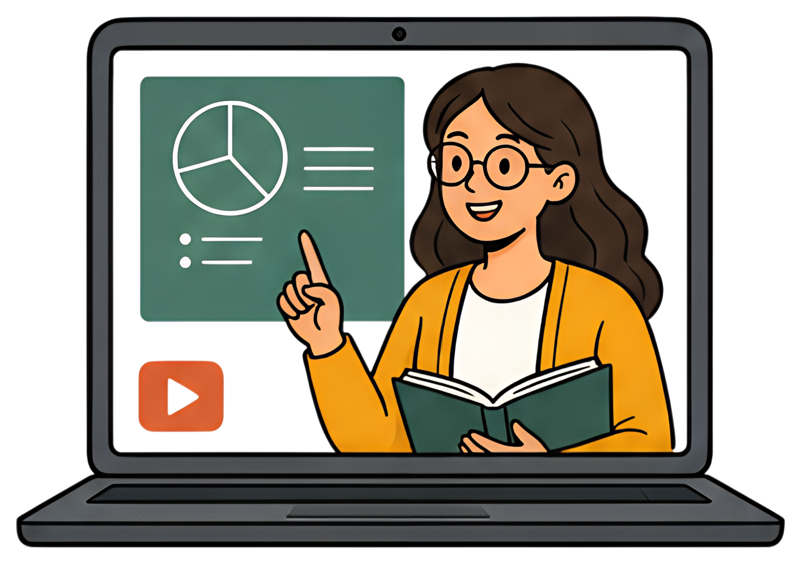 A cheerful teacher is presenting a lesson from her laptop, holding a book in one hand and pointing to a green interactive screen displaying graphs. The laptop features a play button icon, emphasizing