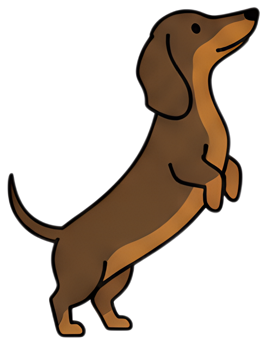 A small brown dachshund is standing on its hind legs, sniffing the air with a curious expression. The dog has a smooth coat with darker and lighter brown shades, accented by a simple black outline and