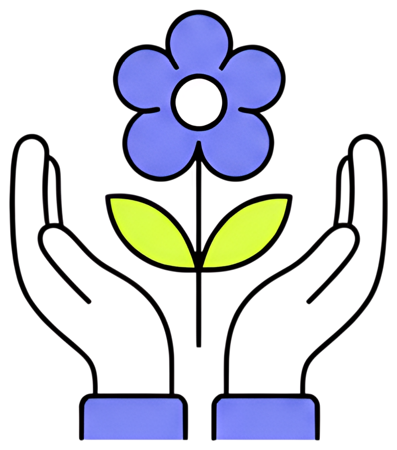 Two gently clasped hands hold a vibrant blue flower with white petals and green leaves at the base, symbolizing self-care and nurturing growth. The hands are drawn in a simple, stylized manner, adding