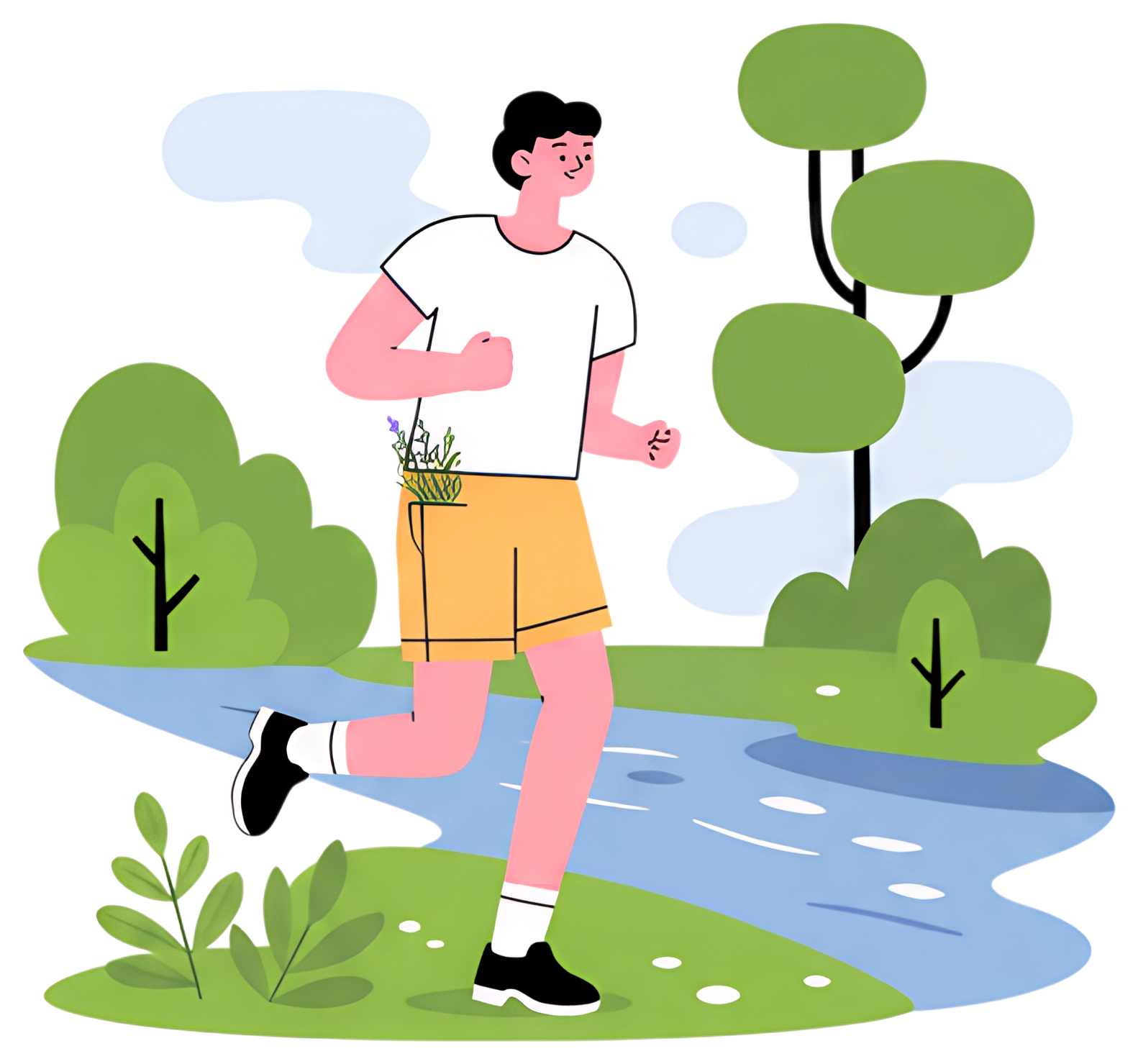 A person jogs along a riverbank, wearing a white shirt and yellow shorts. A small bundle of herbs peeks out from their pocket, surrounded by lush green plants and a flowing blue river under a clear, p