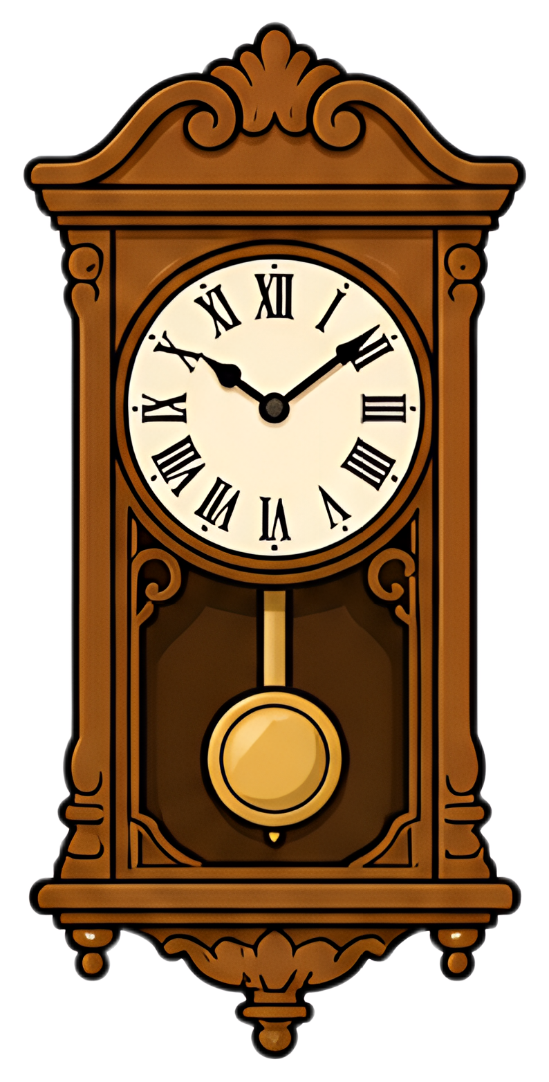 A decorative vintage wall clock features a round clock face with Roman numerals, a polished brass pendulum, and intricate wood carvings. The clock has a rich brown wooden finish and a light cream dial