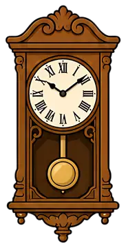 A decorative vintage wall clock features a round clock face with Roman numerals, a polished brass pendulum, and intricate wood carvings. The clock has a rich brown wooden finish and a light cream dial