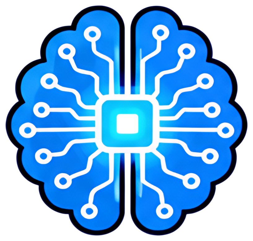 A stylized brain icon illuminated in blue, featuring intricate circuit board patterns extending from a central square. The design merges technology and neural motifs, creating a modern digital feel.