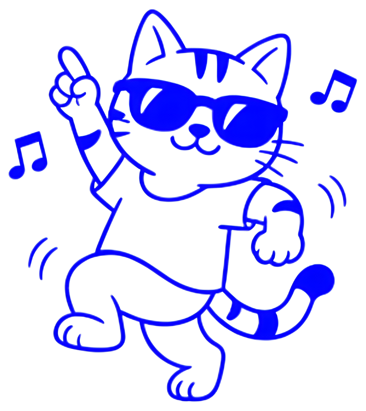A playful cat wearing blue sunglasses dances energetically, raising one paw in a fun pose. The illustration is outlined in a bold blue against a black background, capturing a lively and whimsical mood