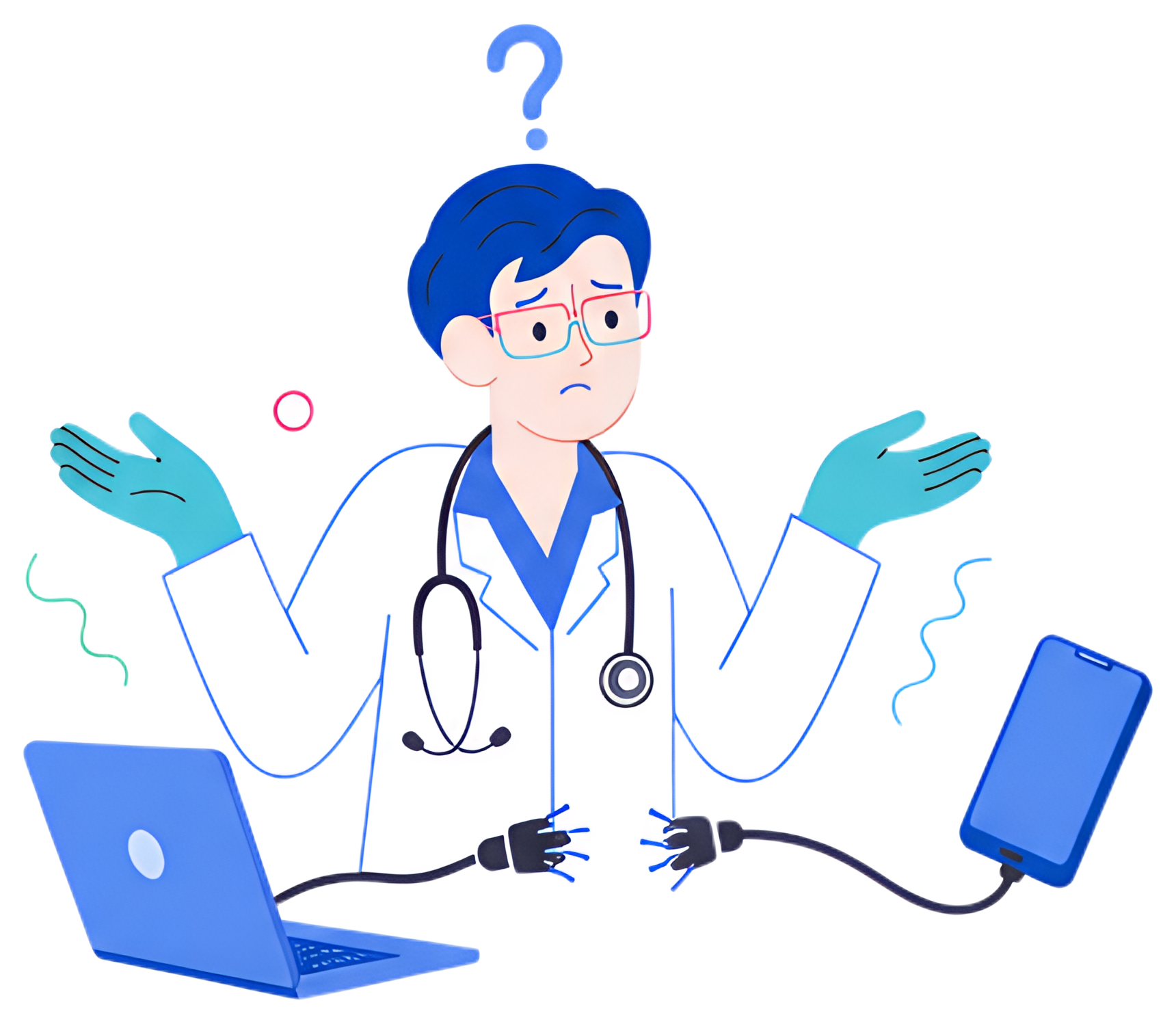 A doctor in a white coat holds his hands up in confusion, looking between a disconnected laptop and smartphone. The laptop and phone are connected by a broken cable, emphasizing the connection issue. 