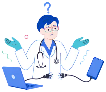 Confused doctor with broken cable