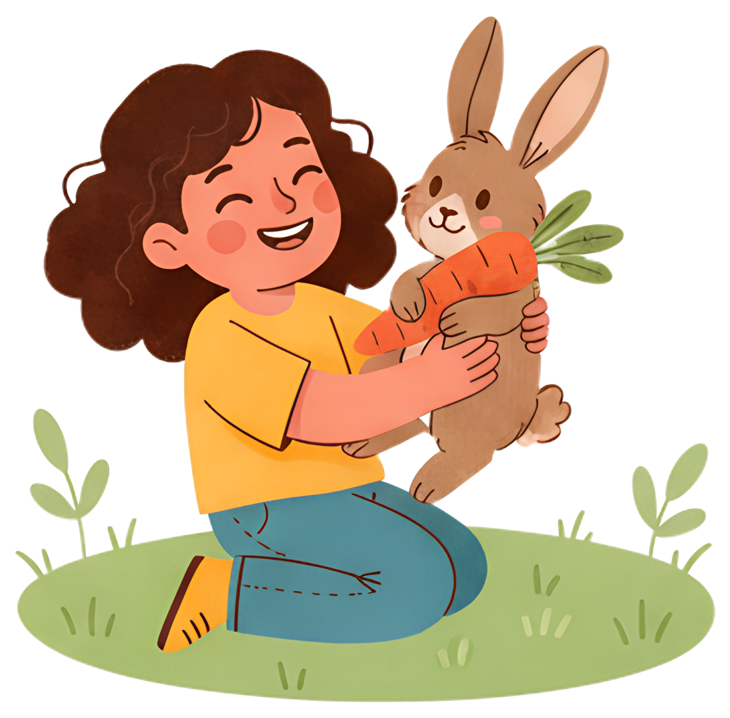 A joyful girl with curly brown hair is kneeling on grass, holding a bunny by its ears while smiling. The bunny has a fluffy brown coat and is holding a bright orange carrot with green leaves. The warm