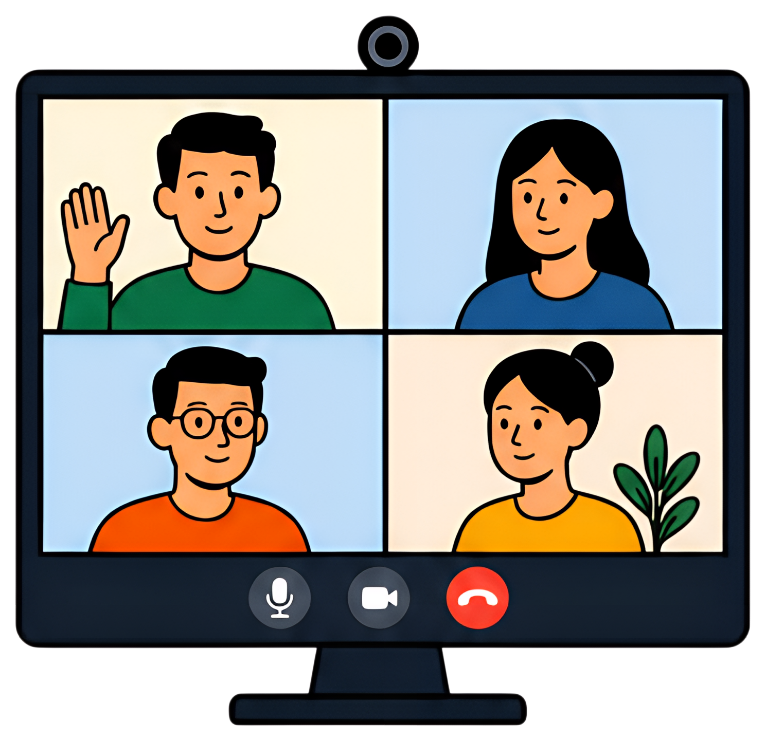 A digital screen displaying a video call with four participants. Each person is represented in a colorful square, with diverse hairstyles and clothing. The screen is framed with a dark border and has,